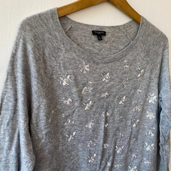 Talbots Sweater Womes Large Petite Gray Wool Blend Sequined Snowflakes Winter - Picture 3 of 6